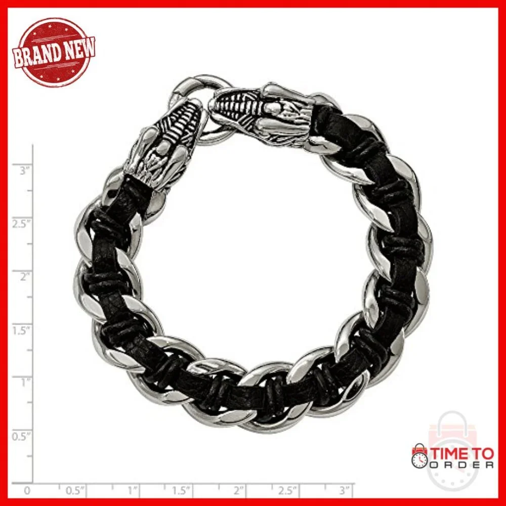 Stainless Steel Dragon Head Bracelet with Leather Band, 8.5 Inches